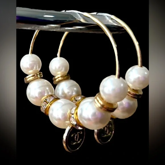 CC Logo Luxe-Inspired Gold, Pearl & CZ Upcycled Hoop Earrings - Picture 7 of 9